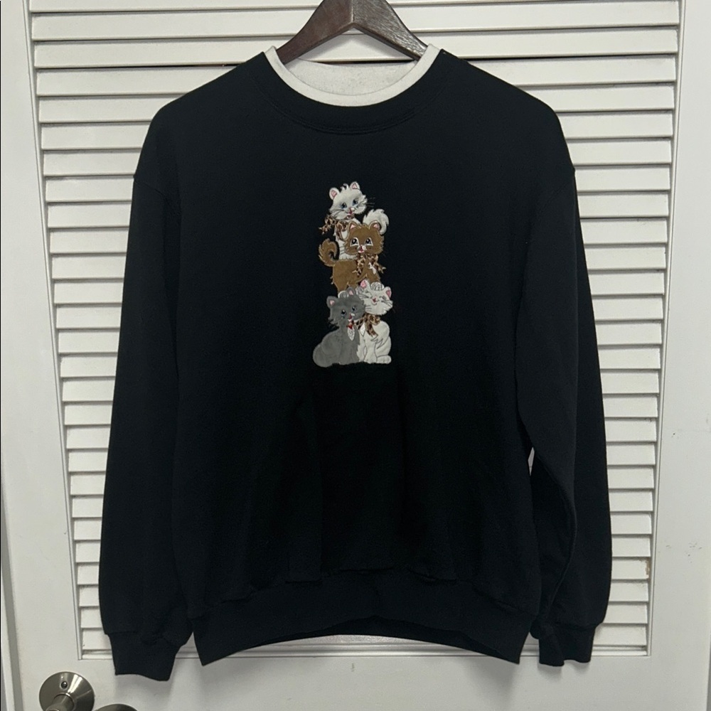 Black Crewneck with Stacked Kitten Embroidery